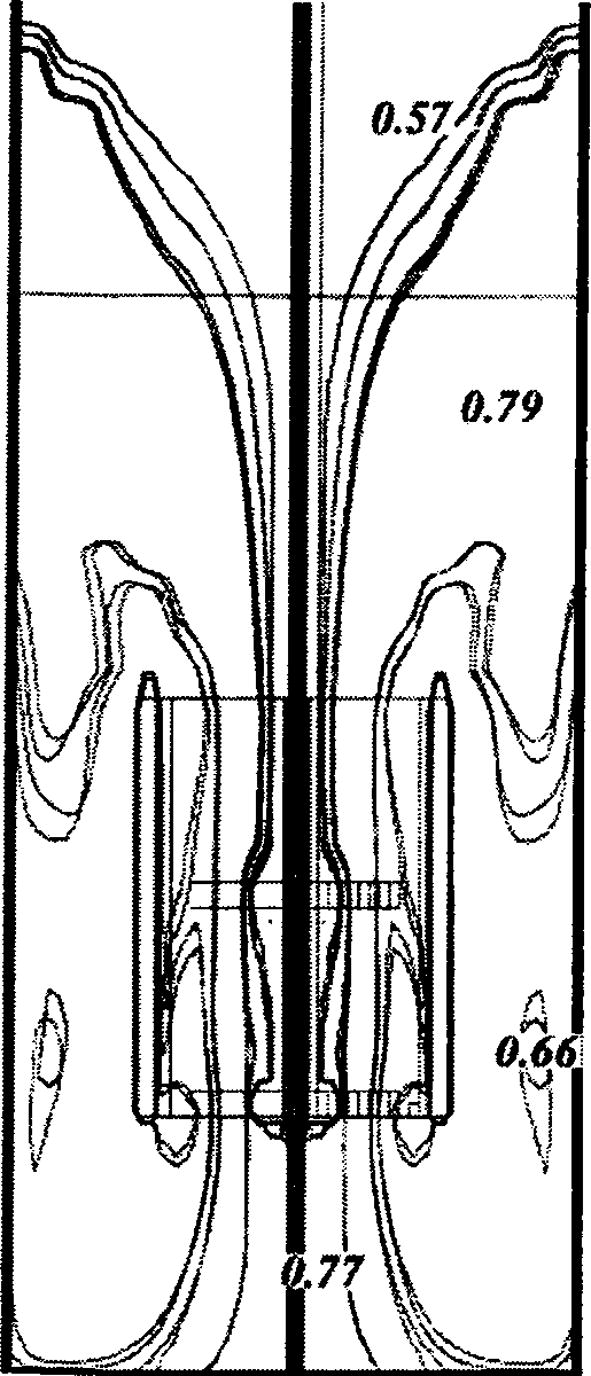 The contour plot of the liquid volume fraction (m3/m3) distribution of the Yang et al. (1999) numerical simulation.