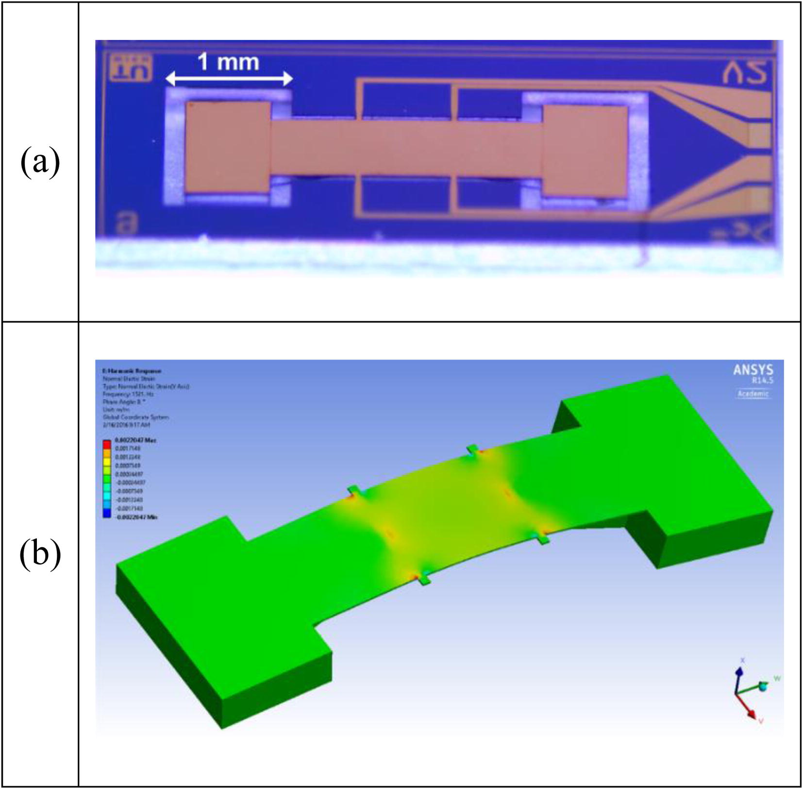 (a) Microphotograph of the toggle-type EH-MEMS discussed by Iannacci et al. (2016c); (b) Simulated 3D schematic of the toggle when the central membrane is deformed. The colour scale indicates the normal in-plane strain distribution at resonance.