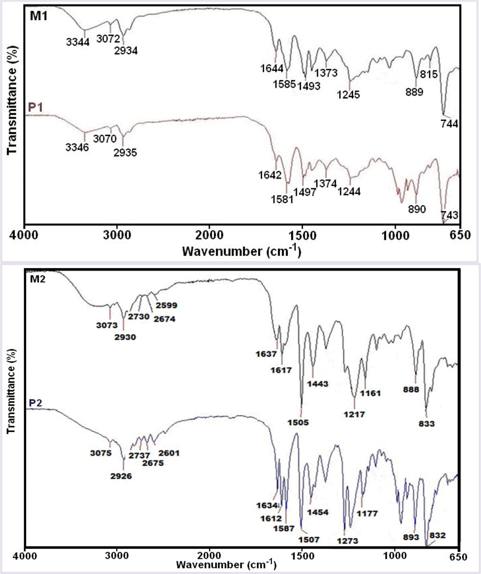 FT-IR spectra of the M1 and M2 monomers and P1 and P2 polymers.