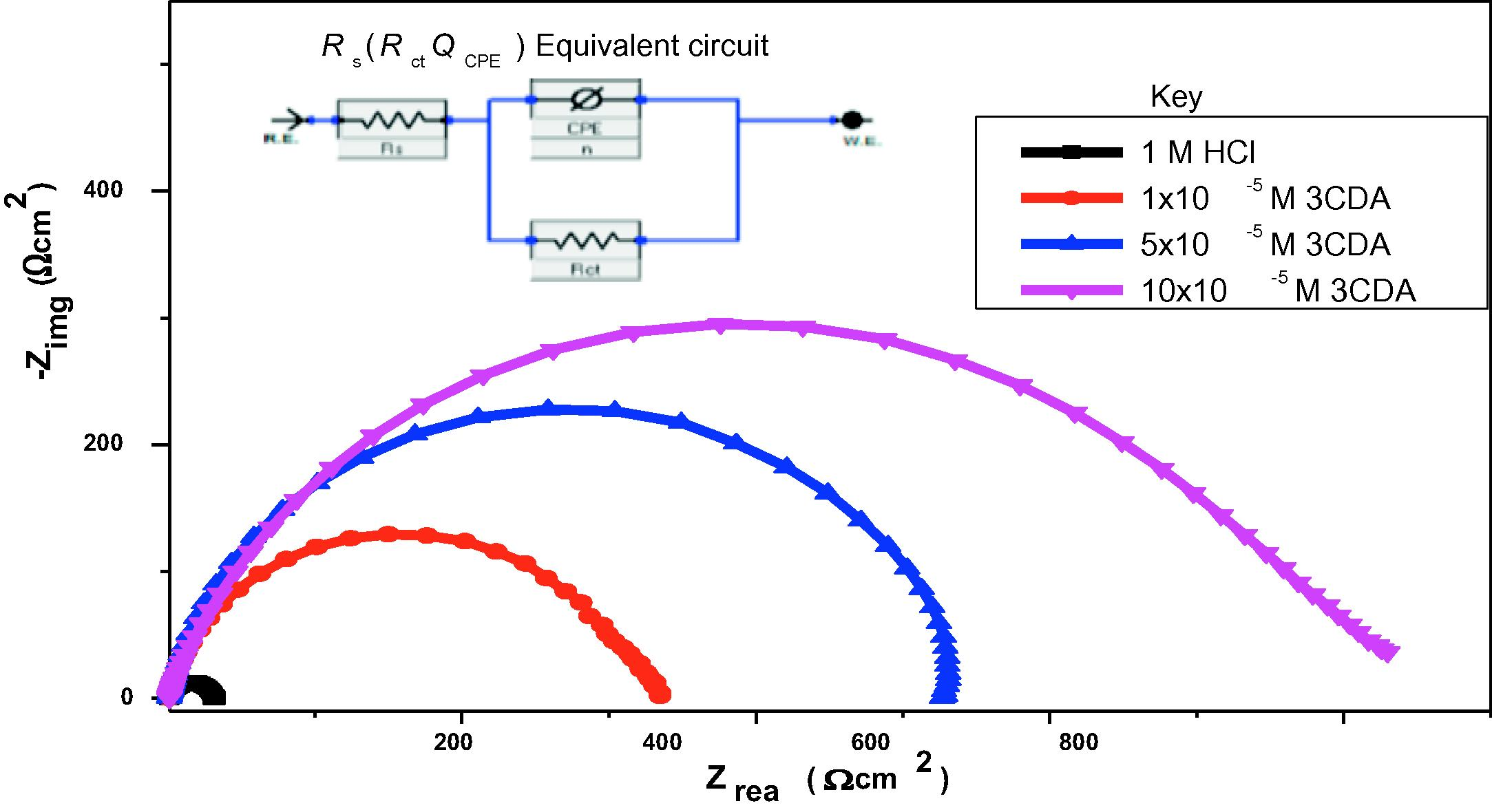 Nyquist plot for (and equivalent circuit used in analyses of) corrosion of X80 steel in 1 M HCl without and with different concentration of 3CDA.