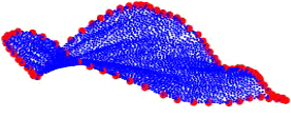 The data points for the Anthurium Leaf. There are 79 boundary points (characterized by the larger dots) and 4,688 surface points (characterized by the smaller dots).