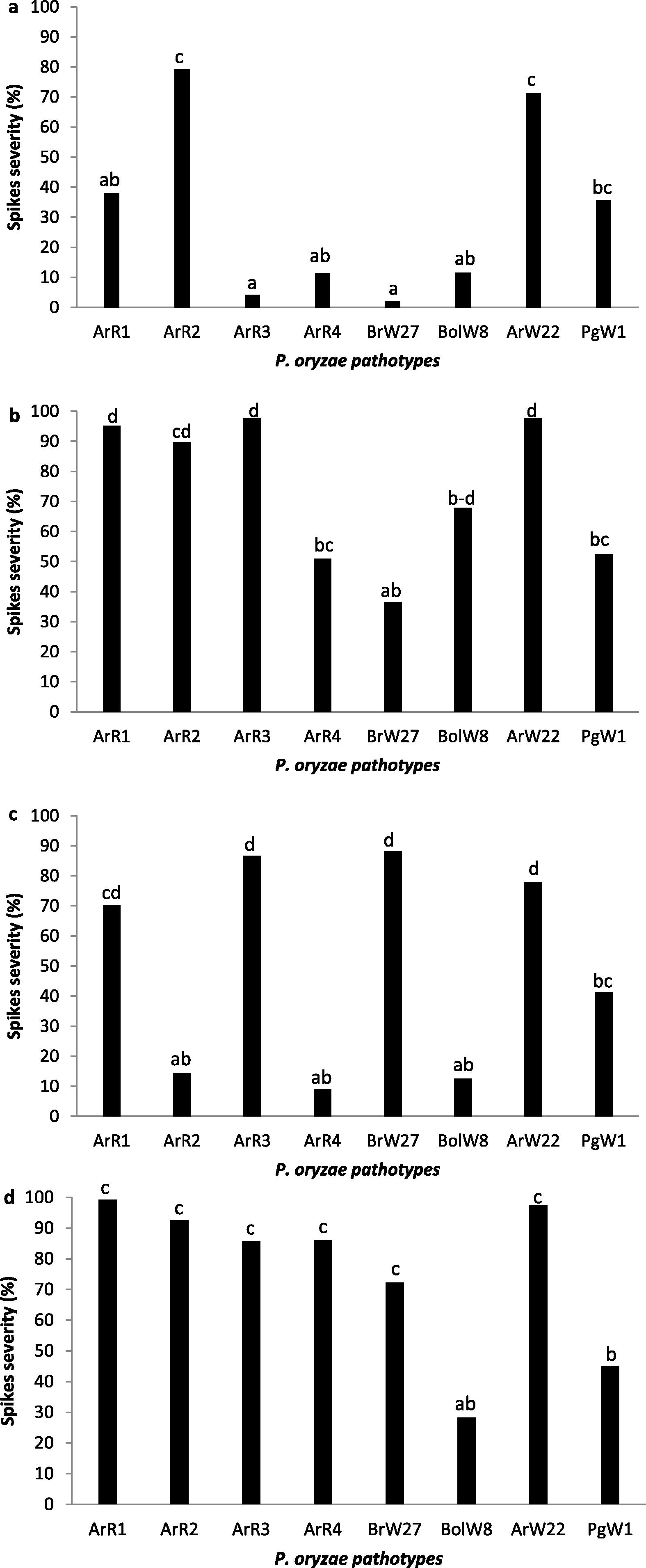 Spikes severity on 4 wheat cultivars to eight isolates of Pyricularia oryzae different pathotype. ACA 303 (a), Baguette 11 (b), Buck Meteoro (c) and Klein Proteo (d).