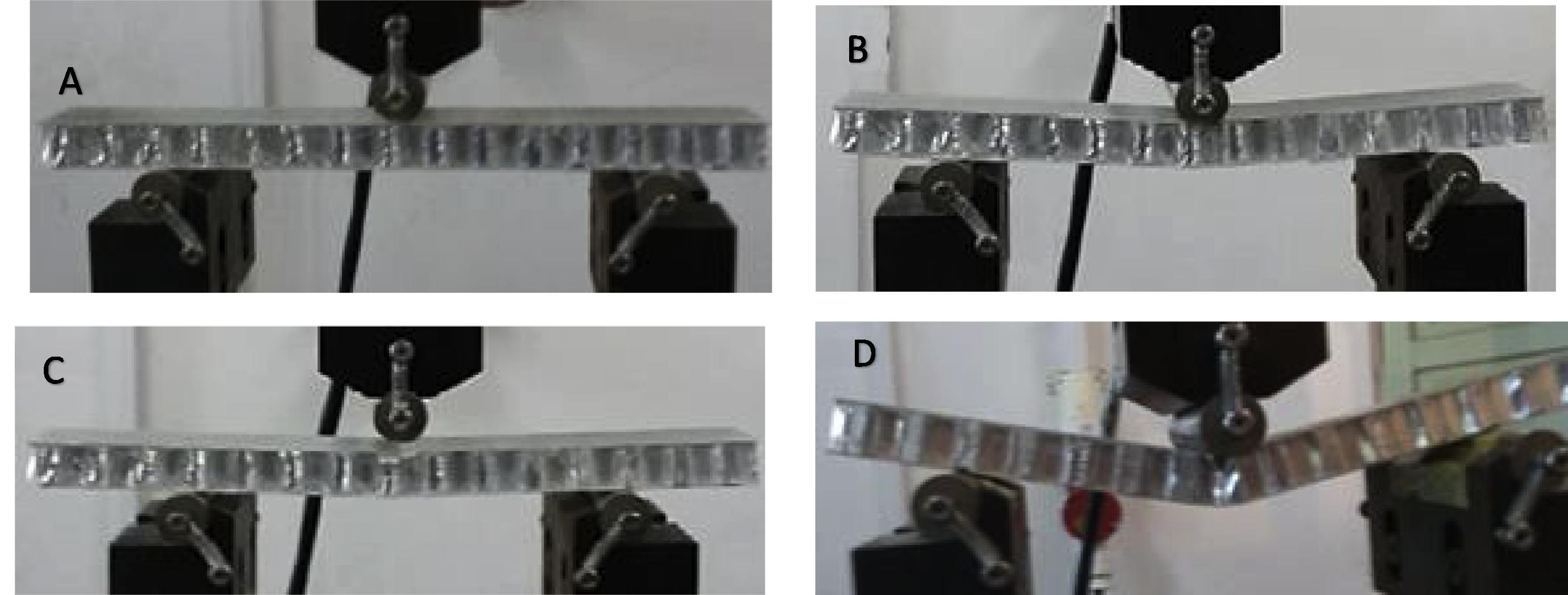 Several phases under static tests (A) specimen under load (B) Face yielding (C) Compression of face sheets (D) Inter laminar shear failure of facing and bending of cell wall.