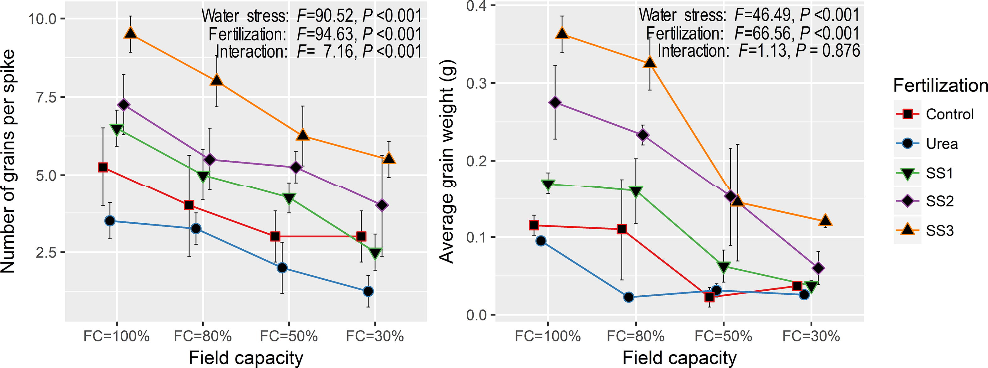 Effect of different fertilization treatments including sewage sludge levels (SS) on yield parameters (grain weight and number of grains per spike) of Durum Wheat (Triticum durum var. waha) grown under different water stress (field capacity). Vertical bars associated with means (symbols) are standard deviations (±SD). Test statistics (F and P-values are two-way ANOVA testing the effects of water stress, fertilization and their interaction. (Control: no fertilization, urea: 35 kg N/ha, SS1: 20 t/ha of SS, SS2: 50 t/ha of SS, SS3: 100 t/ha of SS).