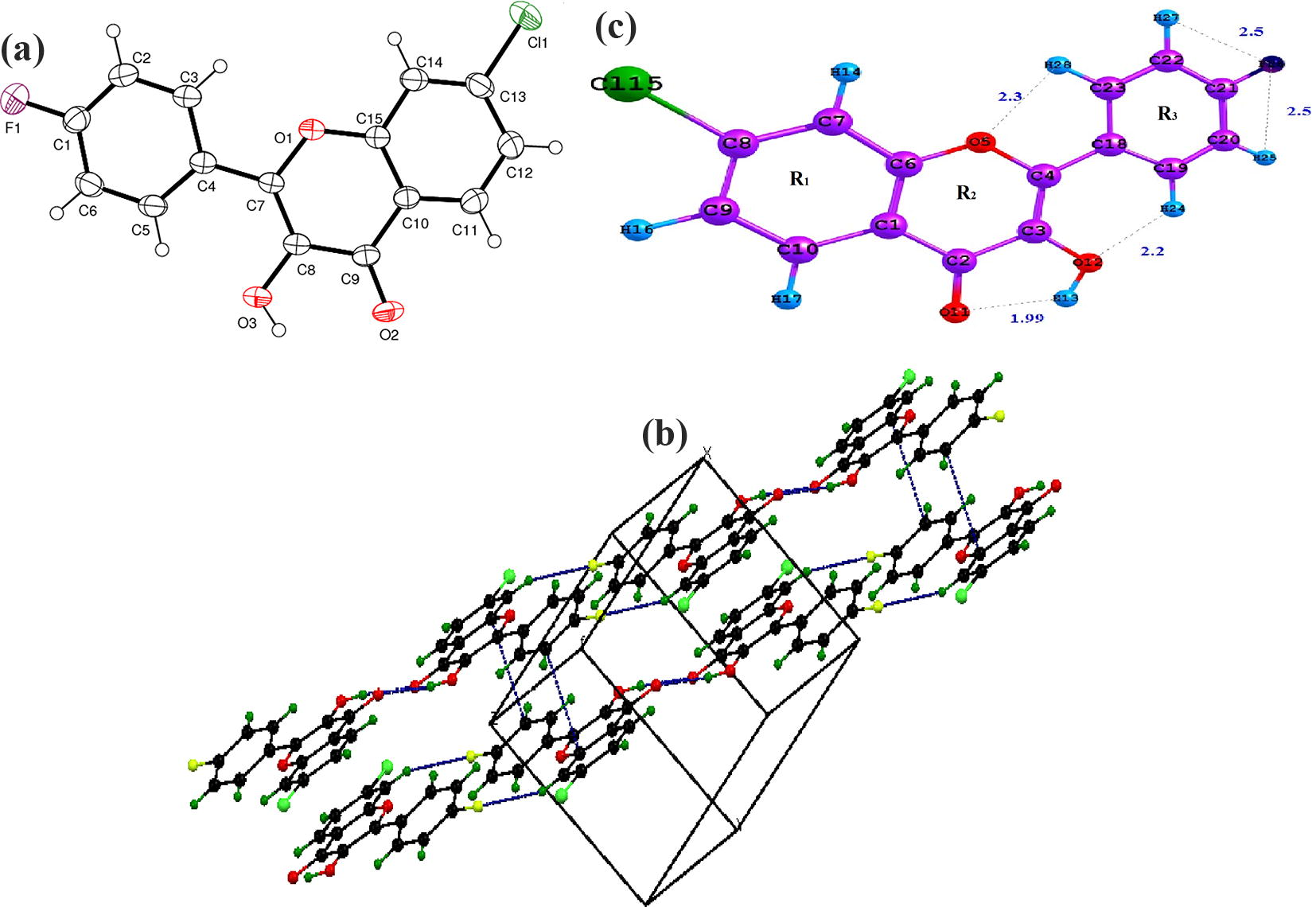 (a) ORTEP diagram (b) Crystallographic view (c) Optimized geometrical structure of CFPHC.