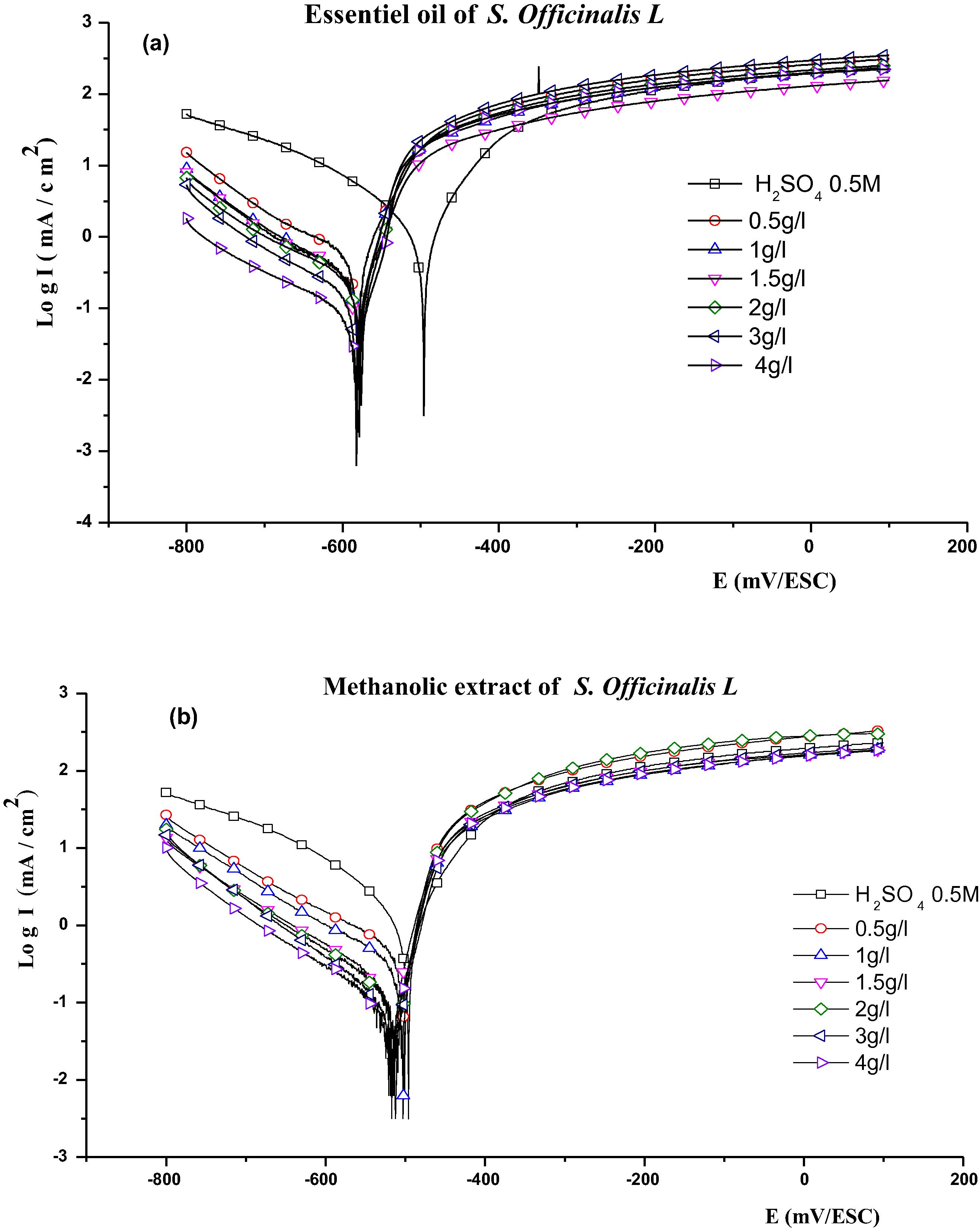 Curves of polarization of iron in H2SO4 0.5 M in absence and in presence of essential oil (a) and the methanolic extract (b) of the Salvia officinalis L. in different concentrations at room temperature.