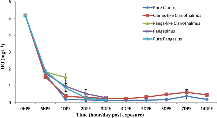 Dissolved oxygen changes in the culture system of the treated groups of fishes during the challenge test.