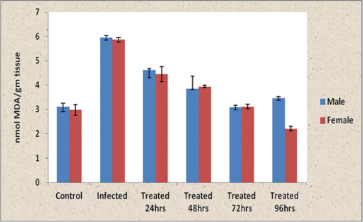 Lipid peroxidase activity in hemolymph of O. senex senex infected with P. aeruginosa and treated with ethanolic leaf extract of S. molesta. Each value represents mean ± sem of 3 samples expressed as nmol mda/gm tissue.