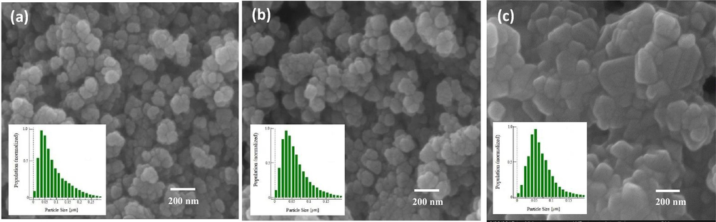 Typical SEM images and particles size distribution analysis (inset) for cobalt ferrite after calcination for six hours under three different temperatures: (a) 600 °C, (b) 800 °C and (c) 1000 °C.