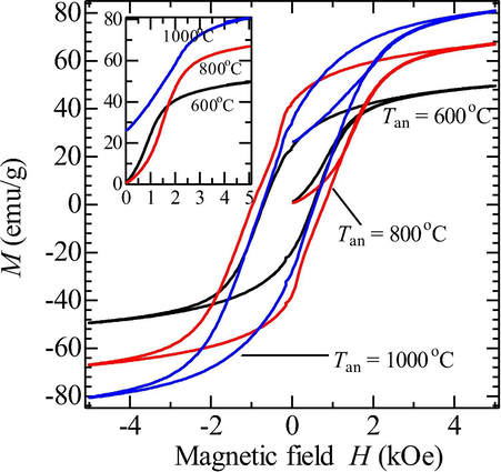 a typical hysteresis curve for co-precipitated cobalt ferrite nanoparticles at the three different calcination temperatures (600 °C, 800 °C and 1000 °C). The magnetisation step from the initial magnetized state (cobalt ferrite nano-magnetic particles) to saturated magnetisation, when a magnetic field of 5000 Oe is applied (Inset).