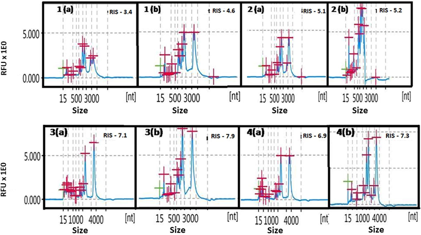 Electropherogram of total RNA isolated using 1. Trizol a) root b) shoot; 2. CTAB a) root b) shoot; 3. Plant mini kit a) root b) shoot; 4. Symphony machine a) root b) shoot.