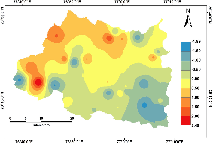 Map showing spatial distribution of factor 1 in groundwater system of Panipat.