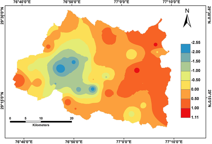 Map showing spatial distribution of factor 2 in groundwater system of Panipat.