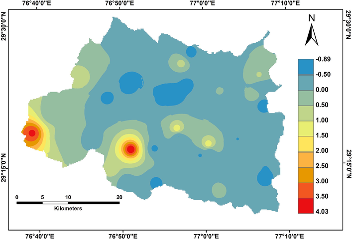 Map showing spatial distribution of factor 3 in groundwater system of Panipat.