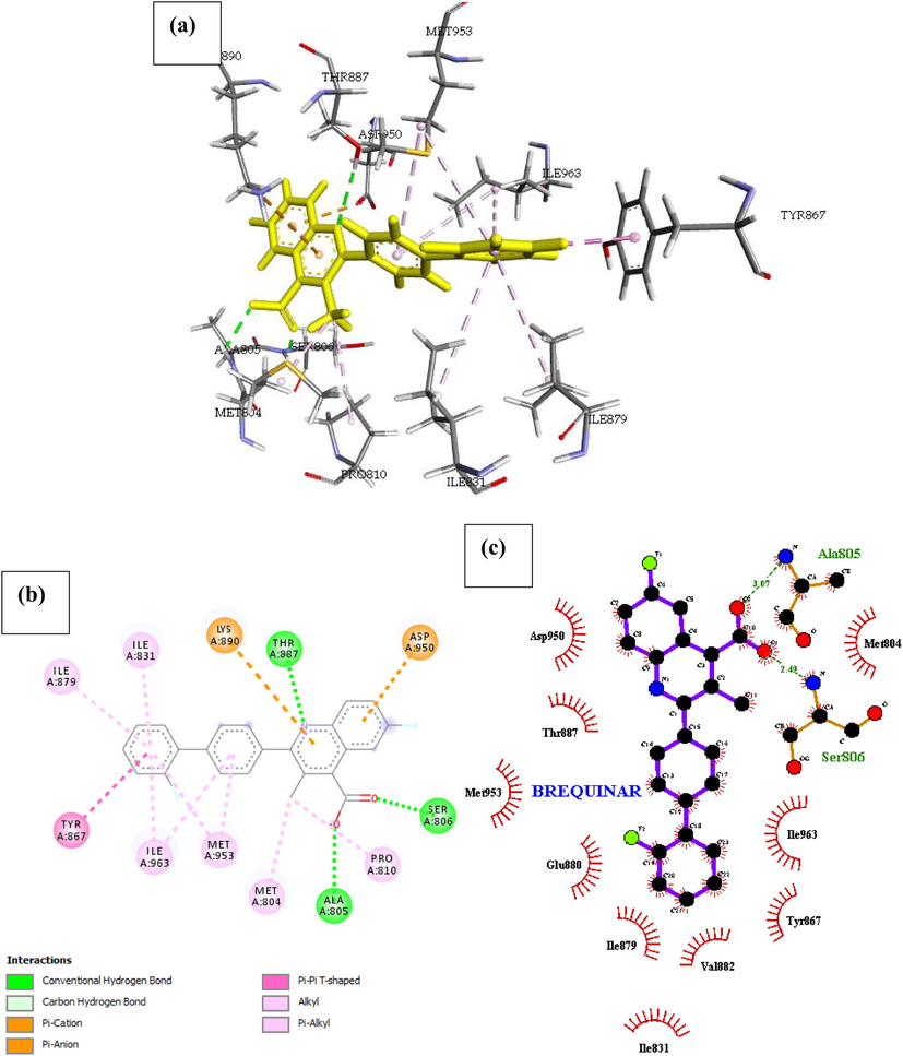 Docked poses of Phosphatidylinositol 4,5-bisphosphate 3-kinase catalytic subunit gamma isoform P13K (PDB ID: 4FA6) with Brequinar ligand (stick figure) (a) 3D Brequinar with surrounding amino acids of 4FA6; (b) 2D view of interaction type of Brequinar with surrounding amino acids of 4FA6; (c) 2D view of internuclear distance for hydrogen bond interaction of Brequinar with surrounding amino acids of 4FA6.