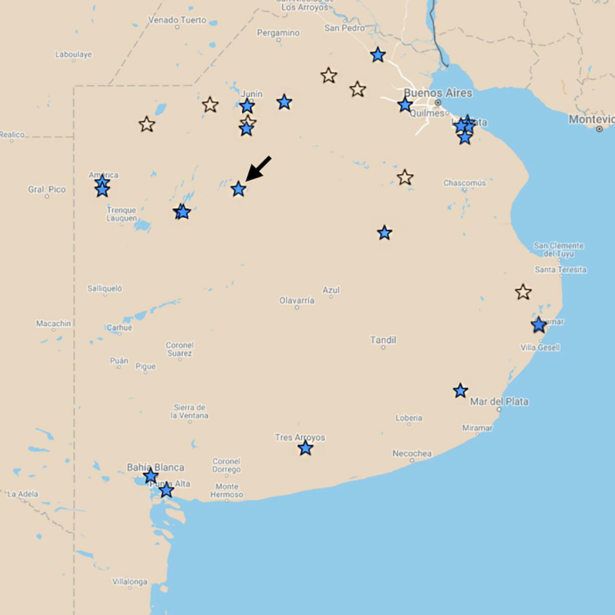 Populations visited during surveys in Buenos Aires province. Sites where Ascochyta araujiae was/was not found are indicated by full/empty stars respectively. The arrow indicates site 10.