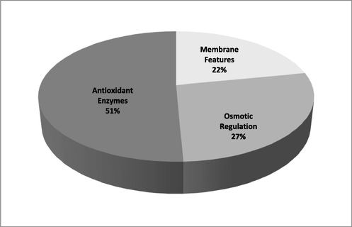 Contribution index (CI) of the estimated morpho- physiological criteria of NaCl- stressed fenugreek seedlings in relation to their mass vigor index (SMVI).