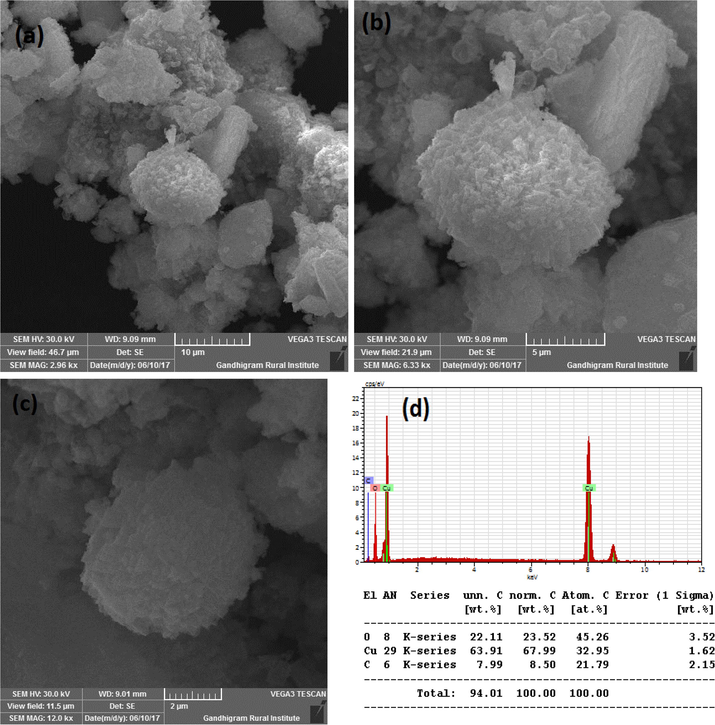 (a-d). SEM images and EDS of CuO NPs with 10 ml juice.