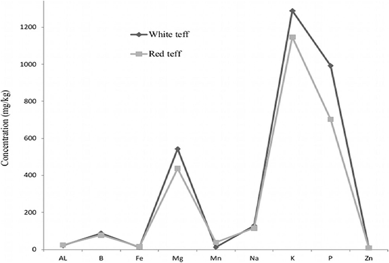 Selected element content in white and red teff grain.