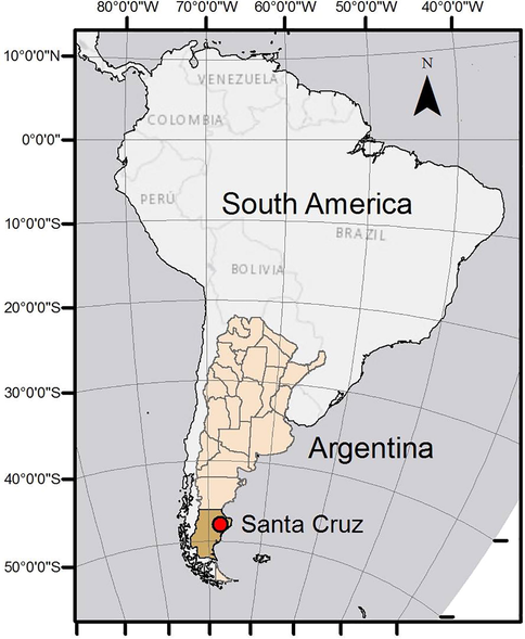 Location of Deseado Massif, represented by a red dot in the map at the northeast of Santa Cruz Province, Argentina.