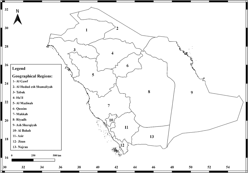 Geographical regions of Saudi Arabia.