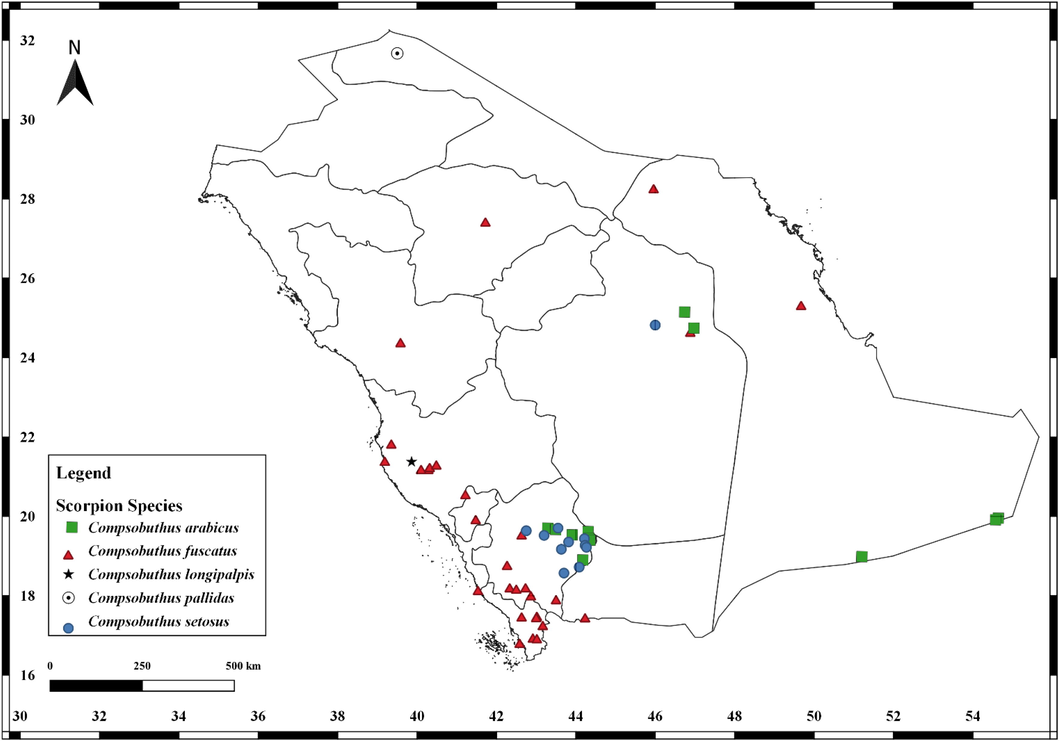 Distribution records of Compsobuthus arabicus Levy, Amitai & Shulov, 1973, C. fuscatus Hendrixson, 2006, C. longipalpis Levy et al., 1973, C. pallidas Hendrixson, 2006 and C. setosus Hendrixson, 2006 in Saudi Arabia.