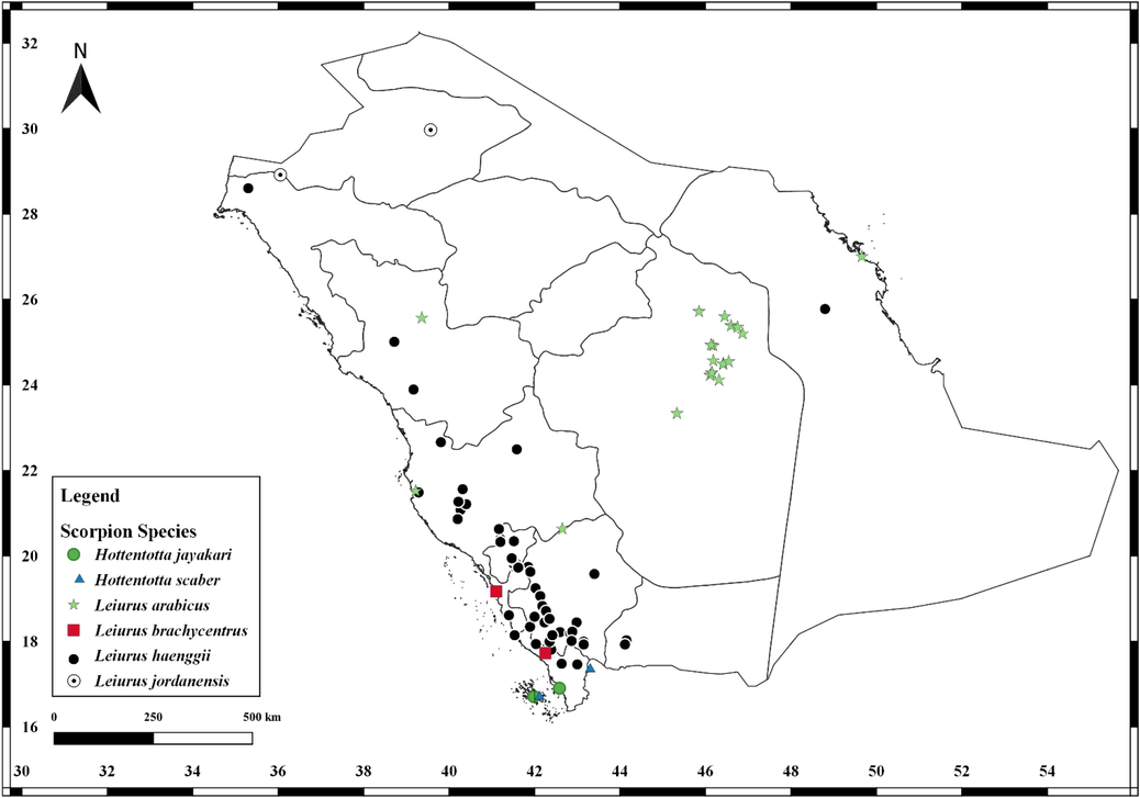 Distribution records of H. jayakari (Pocock, 1895), H. scaber (Ehrenberg, 1828), L. arabicus Lowe, Yagmur & Kovařík, 2014, L. brachycentrus (Ehrenberg, 1829), L. haenggii Lowe, Yagmur & Kovařík, 2014 and L. jordanensis Lourenço, Modrý et Amr, 2002 in Saudi Arabia.