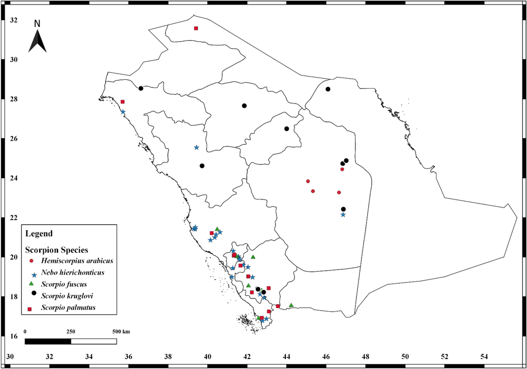 Distribution records of Hemiscorpius arabicus Pocock, 1899, Nebo hierichonticus (Simon, 1872), Scorpio fuscus (Ehrenberg, 1829), S. kruglovi (Ehrenberg, 1829) and S. palmatus (Ehrenberg, 1829) in Saudi Arabia.