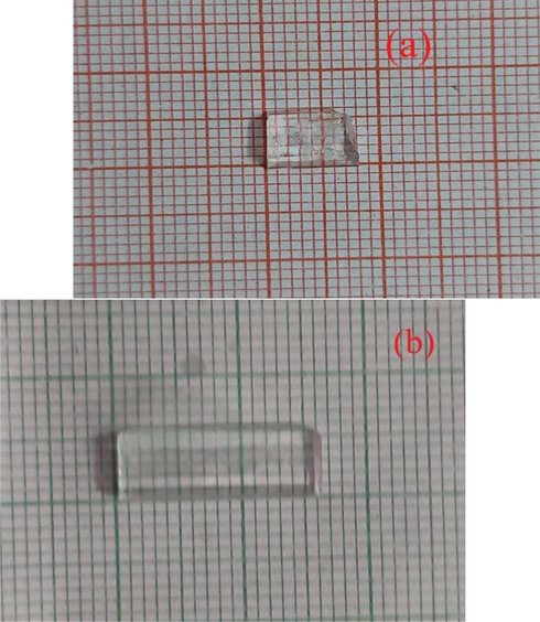 Photograph of a) L-LMHCL and b) Rb: L-LMHCL crystals.