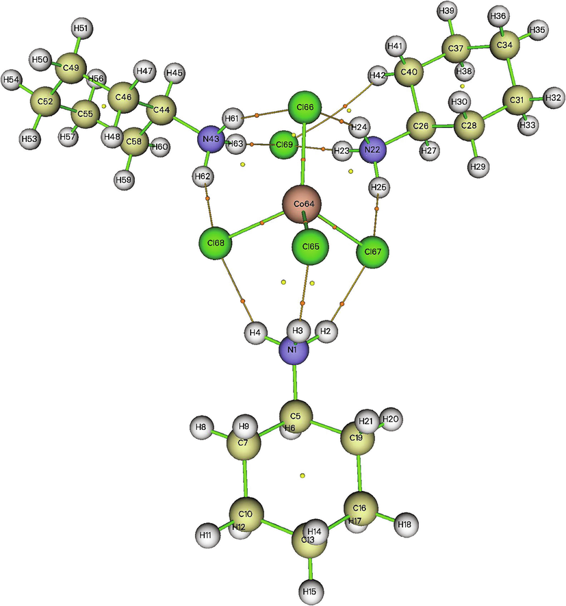 AIM molecular diagram viewing the different BCPs of (C6H14N)3[CoCl4]Cl.