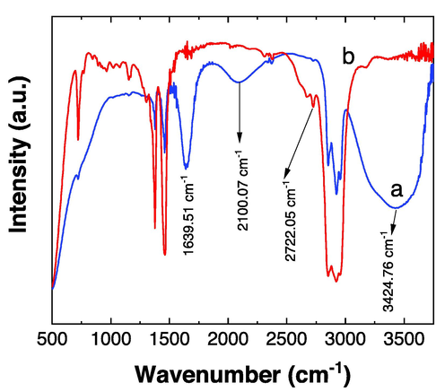 FTIR spectrum (a) AgNPs synthetized using the extract of Persea americana fruit (b) Extract of P. americana fruit.