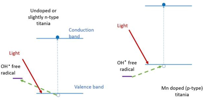 Energy diagrams showing the process of ROS formation in undoped and p doped titania.