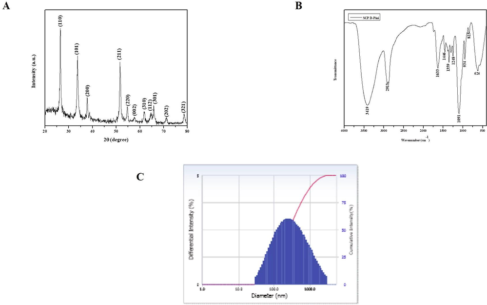 Characterization of nanocomposites. X-ray Diffraction analysis (A), Fourier Transform Infra Red spectroscopic analysis (B), Dynamic Light Scattering Analysis (C) of synthesized SCP-D-P nanocomposites.