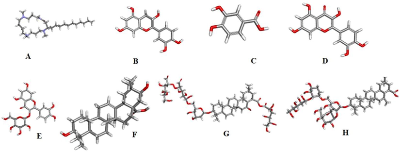 3D structure of A. Budmunchiamine B. Catechin C. Protocatechuic acid D. Quercetin E. Isoquercetin F. Machaerinic acid G. Compound 1 H. Compound 2.