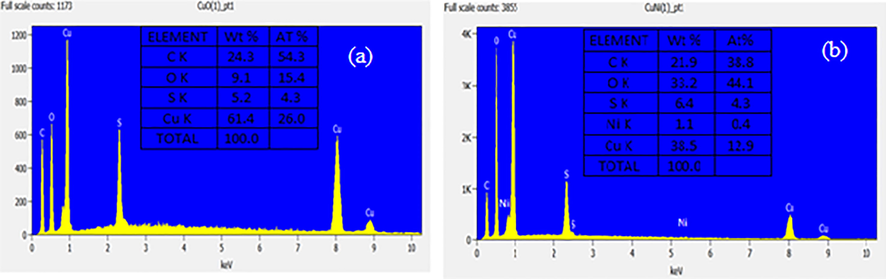 (a) EDX spectrum of pure CuO; (b) EDX spectrum of Ni doped CuO nanoparticles.