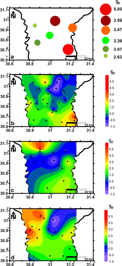 Spatial distribution maps of delta δ 18O‰ for water sampled from soil (a), shallow (b), intermediate (c) and deep (d) zones.