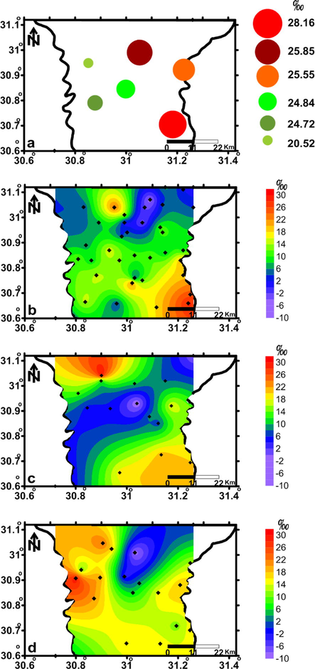 Spatial distribution maps of delta δD‰ for the water sampled from soil (a), shallow (b), intermediate (c) and deep (d) zones.