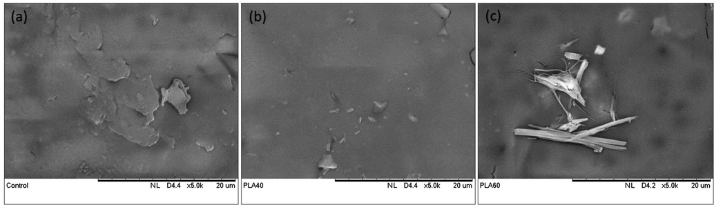 SEM images at 5000× magnification for samples (a) control, (b) PLA40 and (c) PLA60.