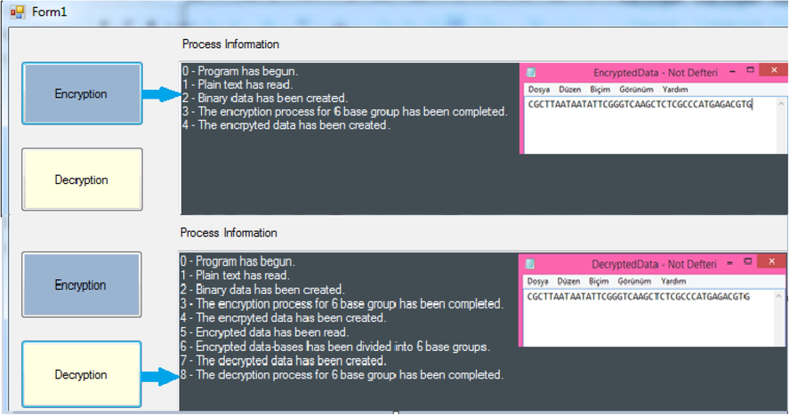 Encryption and decryption phases interface of the simulation software.