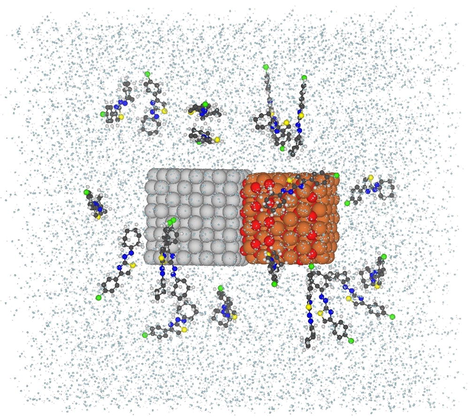 Schematic view of CuO-MgO nanocomposite surrounded with 20 MB dye molecule and water molecules in a simulation box.