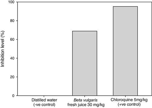 Inhibition levels of parasitemia in Plasmodium berghei infected mice by using doses of 30 mg/kg from Beta vulgaris fresh juice as well as 5 mg/kg Chloroquine (+ve control) and distilled water (−ve control).