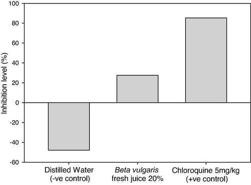 Inhibition levels of parasitemia in Plasmodium berghei infected mice by using 20% of B. vulgaris fresh juice as well as 5 mg/kg Chloroquine (+ve control) and distilled water (−ve control) following the curative test procedure.