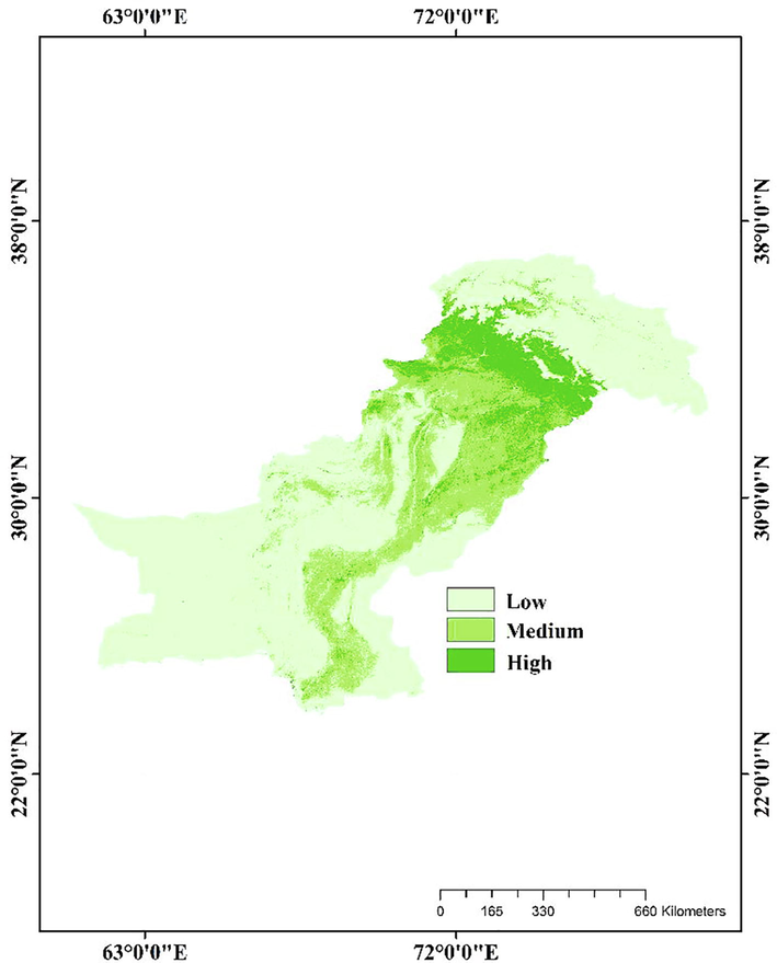 The FVC was reclassified into three categories. Low (<10%), medium (40%), and high (70%). Distribution of FVC values determined through MODIS based on fractional vegetation coverage of study area in 11 years.