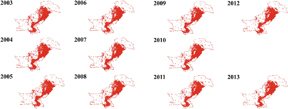 DMSP/OLS nighttime lights of the study area from 2003 to 2013. The CNLI explains industrialization, urbanization dynamics, and population density at the national level. A measure Pearson correlation coefficient is used to assess the relationship between CNLI and FVC during 11 years.