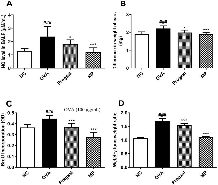 The effect of pregsal on inflammatory parameters. (A) Nitric oxide (NO) production in BALF. (B) Delayed-type hypersensitivity, represented by the difference in weight between right and left ear. (C) OVA-stimulated splenocyte proliferation. (D) Wet/dry lung weight ratio. Results are presented as mean ± SD for 10 rats in each group. P < 0.05 and P < 0.001 are represented by * and ***, respectively, indicating statistical difference compared to the OVA group. ### denotes P < 0.001 for statistical difference compared to the NC group. Negative control (NC), ovalbumin (OVA), salicylaldehyde derivative of pregabalin (pregsal), methylprednisolone (MP).