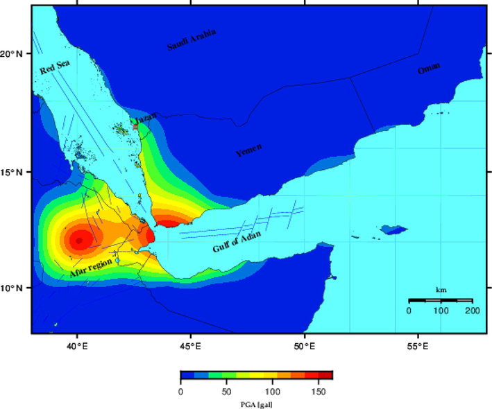Seismic hazard map as represented in terms of mean peak ground acceleration calculated from the contribution of a total number of ten active seismogenic zones and their corresponding maximum probable magnitudes.