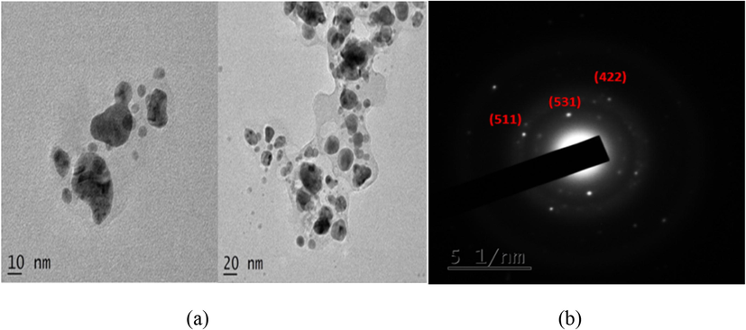 (a) HR-TEM micrograph and (b) SAED pattern of AgNPs synthesized using F. incarnatum fungal extract.
