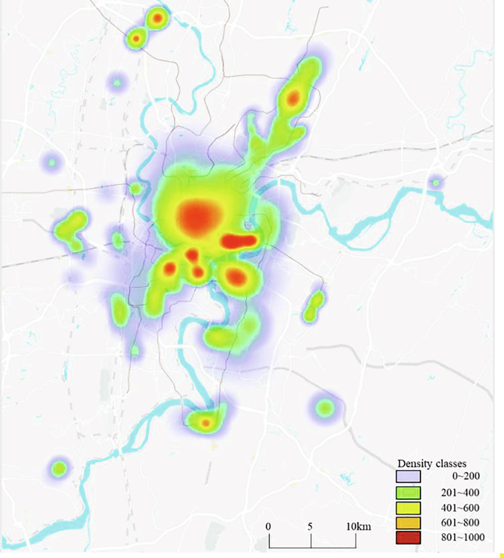 Nuclear density analysis of the employment function space in Chongqing.