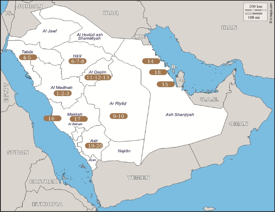 Map reveals sample collection sites across Saudi Arabia. The color integers represents sample number and the position of the integer indicate the approximate area of the respective collected samples. Total of 20 samples were collected from 20 different study area.