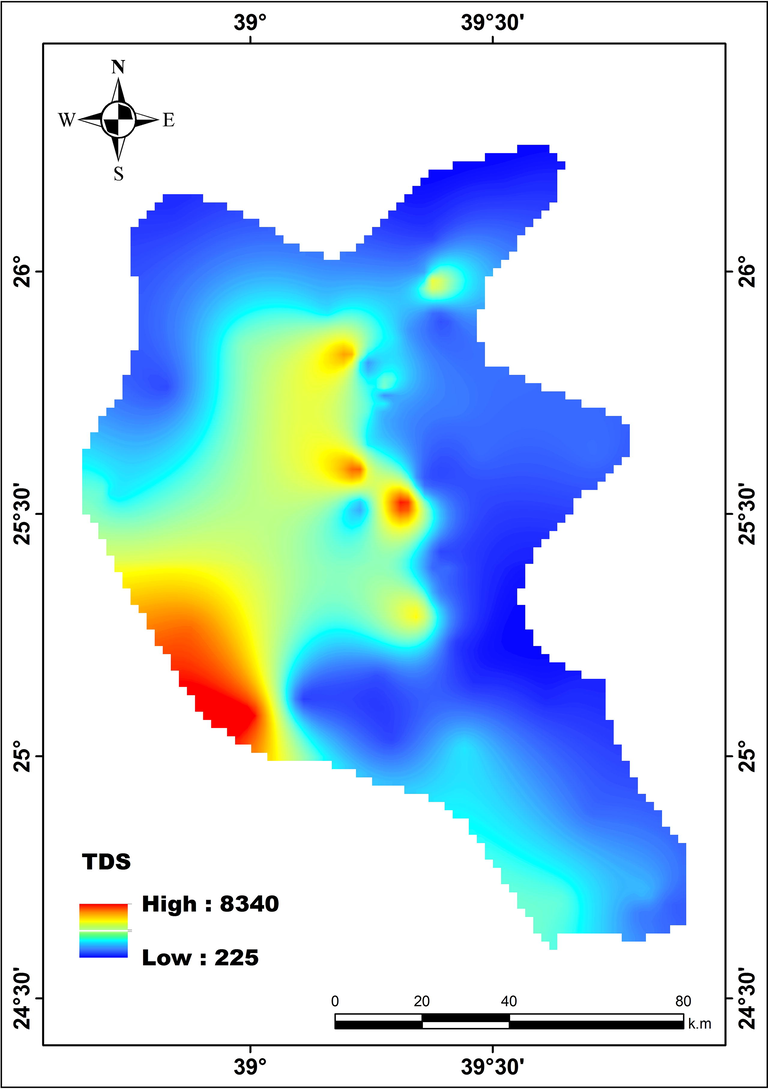 Spatial distribution of TDS (mg/L) through the study area.